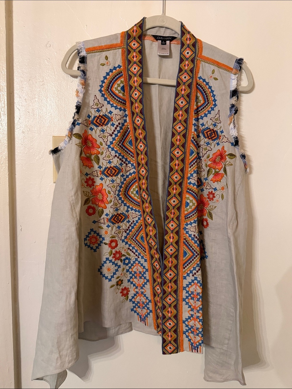 John Mark Beige Embroidered Sleeveless Vest with Multicolor Floral Trim